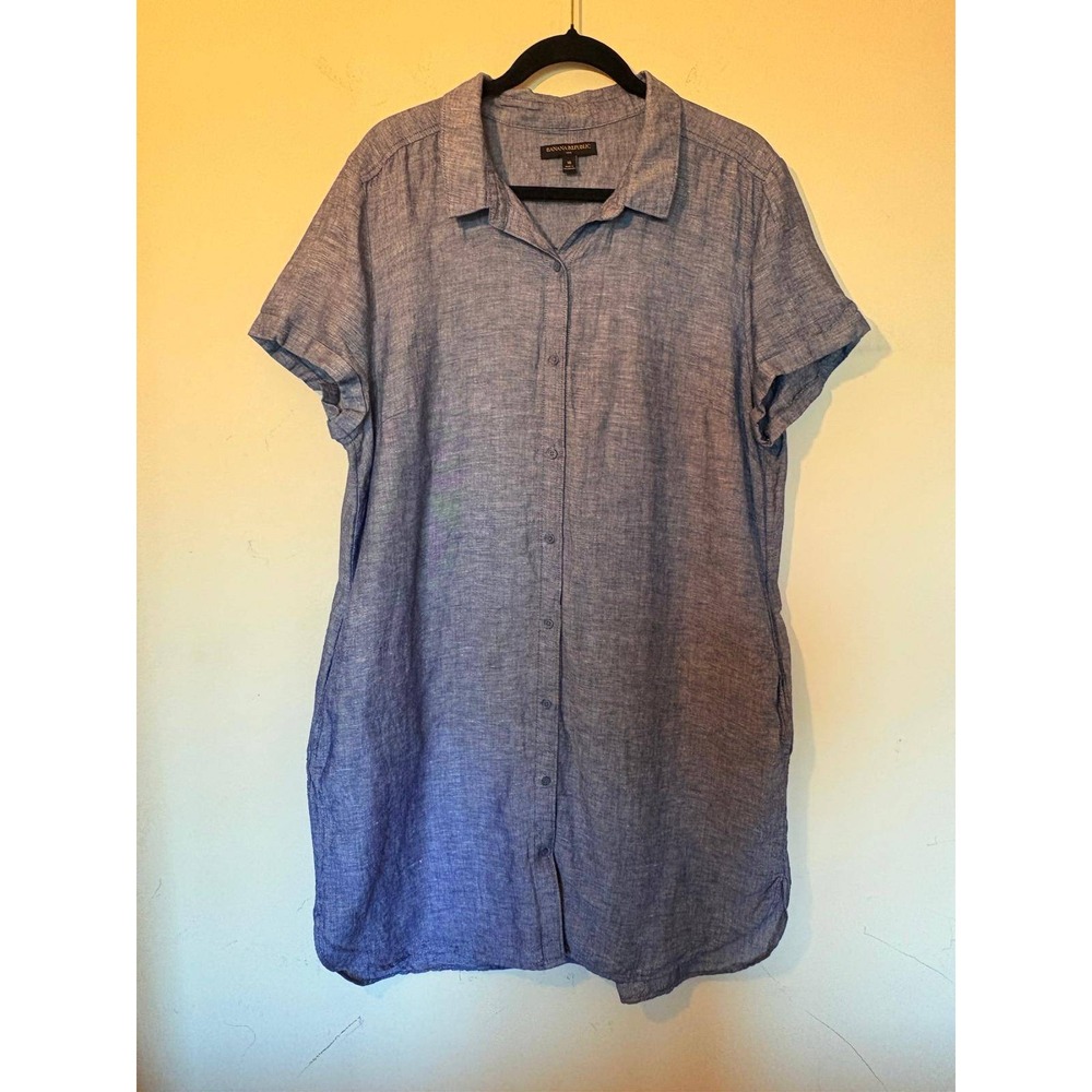 Banana Republic Blue Linen Blend Short Sleeve Button Front Shirt Dress Size 18